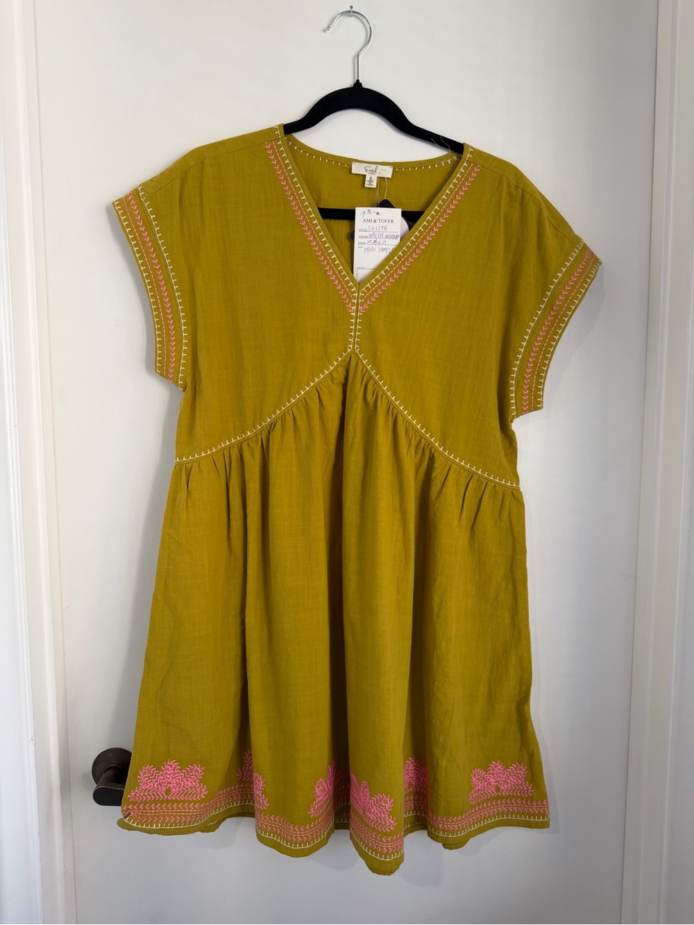 easel Mustard Mini Dress with Pink Embroidery-NWOT